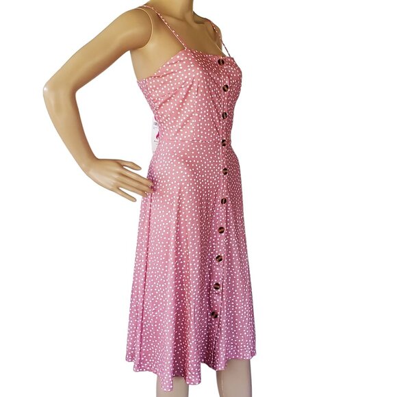 Pink Polka Dot Midi Sundress Women's M Button Front Spaghetti Straps NWT - Picture 2 of 12